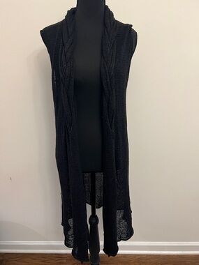 Cache Black Sleeveless Cable-Trim Knit Duster